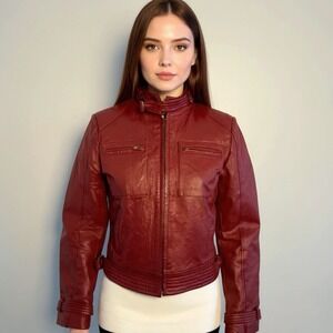 FJ Red Leather Moto Cropped Jacket Women's S